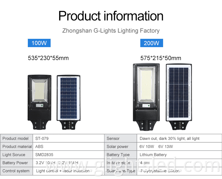 Bridgelux ABS waterproof outdoor ip65 100watt 200watt integrated all in one solar led street lamp